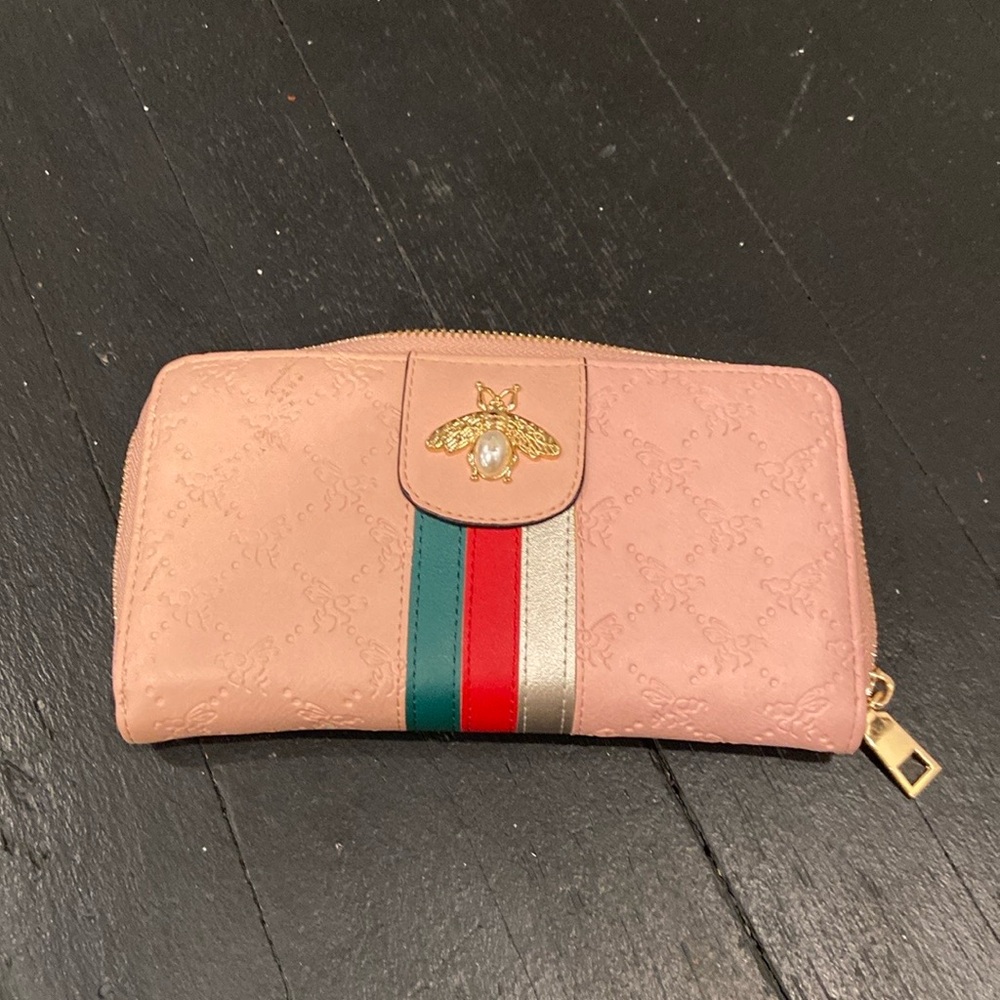 Pink and Green Honey bee Wallet with Gold Hardware and Structured Design - Picture 3 of 9